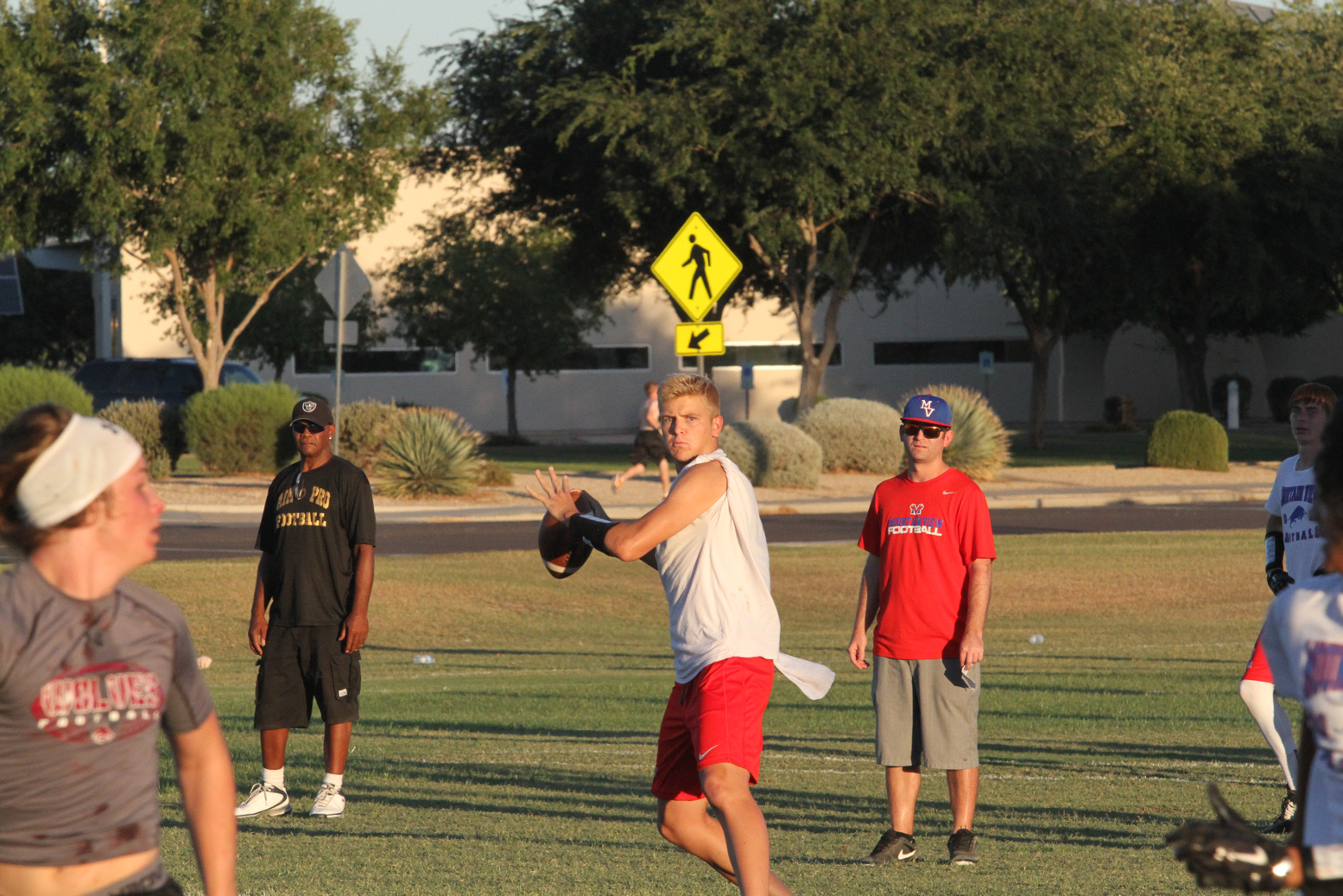 Football player prepares to throw a football